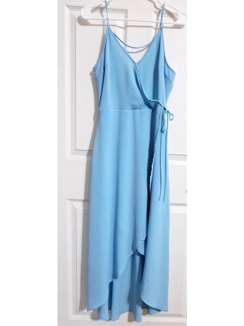 Lush L Blue Spagetti Strap Hi-Lo Hem V-Neck Wrap Look Maxi Dress Wedding Formal